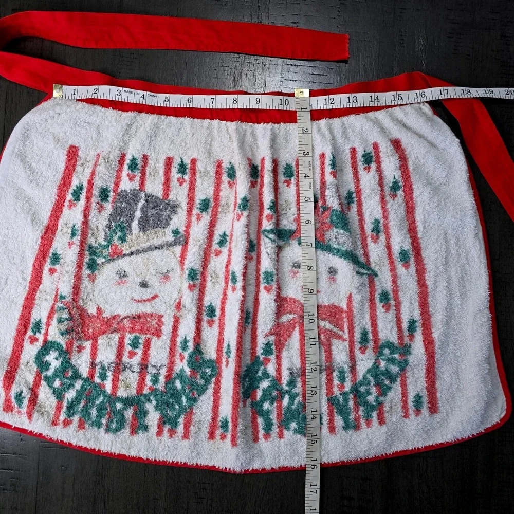 Vintage Christmas Terry Cloth Half Apron Snowmen Red White Waist Tie